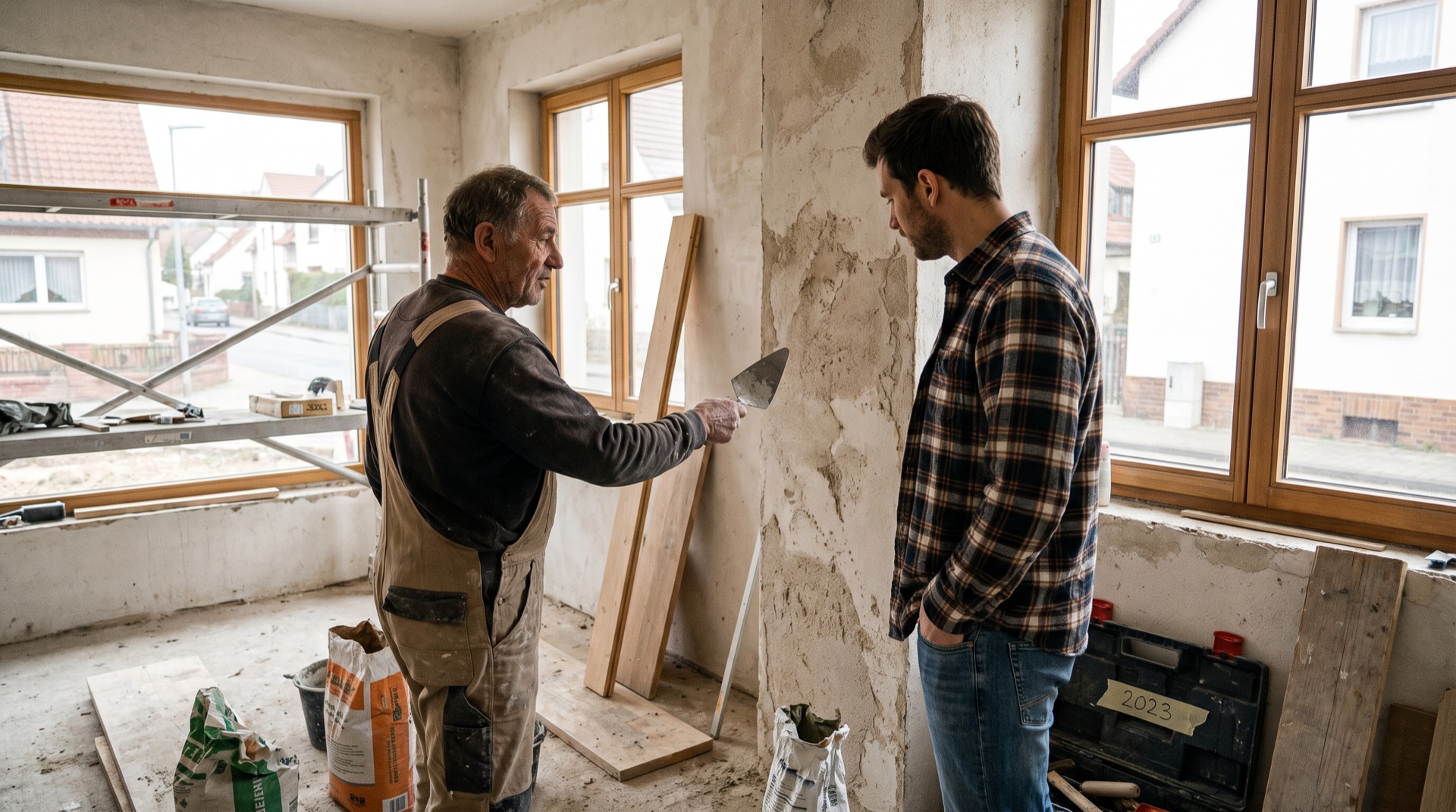 Handwerker im Kundengespräch auf der Baustelle